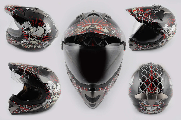 Шлем кроссовый (mod:Skull) (с визором, size:L, красный) LS-2
