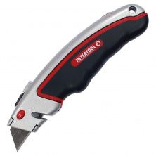 Нож с выдвижным трапециевидным лезвием, металлический корпус, прорезиненный