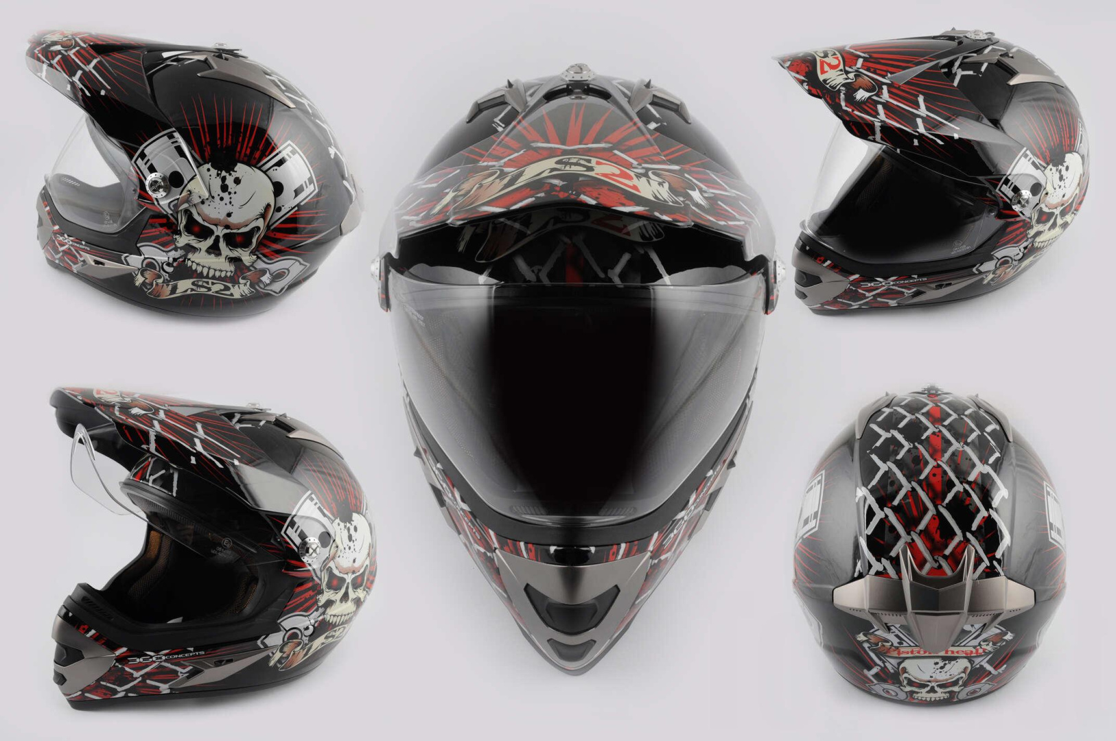 Шлем кроссовый   (mod:Skull) (с визором, size:XXL, красный)   LS-2
