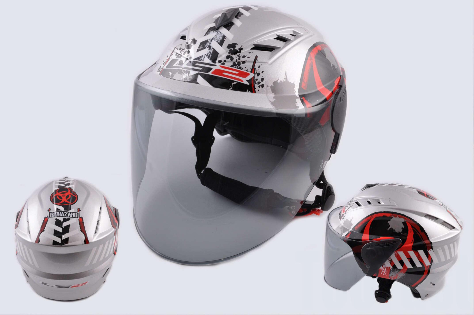 Шлем открытый   (mod:100) (аэроформа, черный визор) (size:L, BIOHAZARD)   LS2